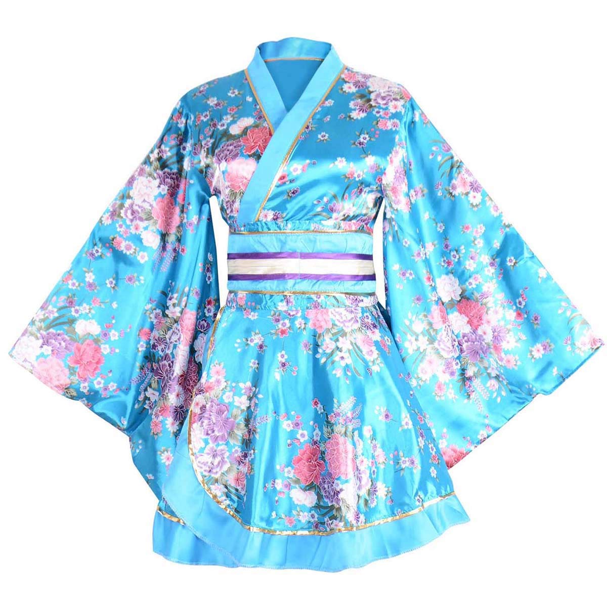 Wraith of East Kimono-Kostüm für Erwachsene, japanisches Geisha-Yukata-Blumenmuster, Bademantel, Nachtwäsche mit Obi-Gürtel, 32-blau, L