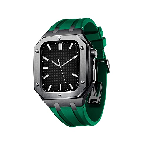 KANUZ Herren und Damen, Militär-Metallgehäuse für Apple Watch, 45 mm, 44 mm, Silikonband, stoßfest, Stoßstange, Business-Casual-Stil, Uhrenarmband für iWatch Serie 7/SE/6/5/4 (Farbe: Schwarzgrün,