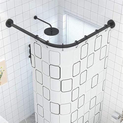 TT L-förmige ausziehbare Duschvorhangstange, gebogen, kein Bohren, Teleskop-Vorhangstange für die Badewanne, Badezimmer-Vorhangstange aus Edelstahl, 100% rostfrei, 70–95 x 70–95 cm, Schwarz