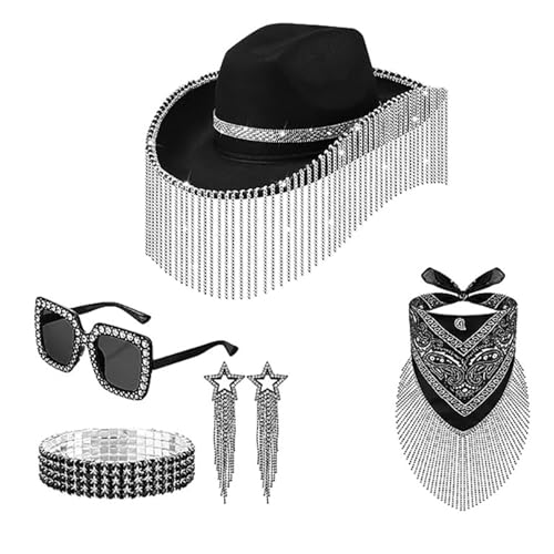 TAKOXIA Cowboyhut, Vintage-Stil, Country, Western-Cowgirl-Hut, Strass, Quasten, Cowgirl-Hut, 5-teiliges Set für Party, Foto-Requisiten, Headwaer Geschenke