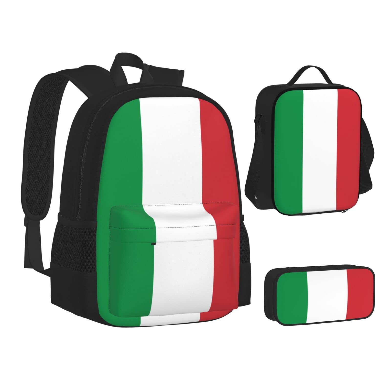 WURTON Büchertasche mit italienischer Flagge, Lunch-Tasche, Federmäppchen, 3-in-1, Schulrucksack-Set, Kinderrucksack