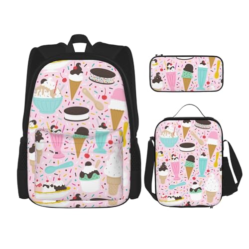 WURTON Lunchbox mit süßem Eiscreme-Druck, Federmäppchen, Rucksack-Set, 3-teilig, verstellbare Riemen, langlebig, leicht, Schwarz, One Size