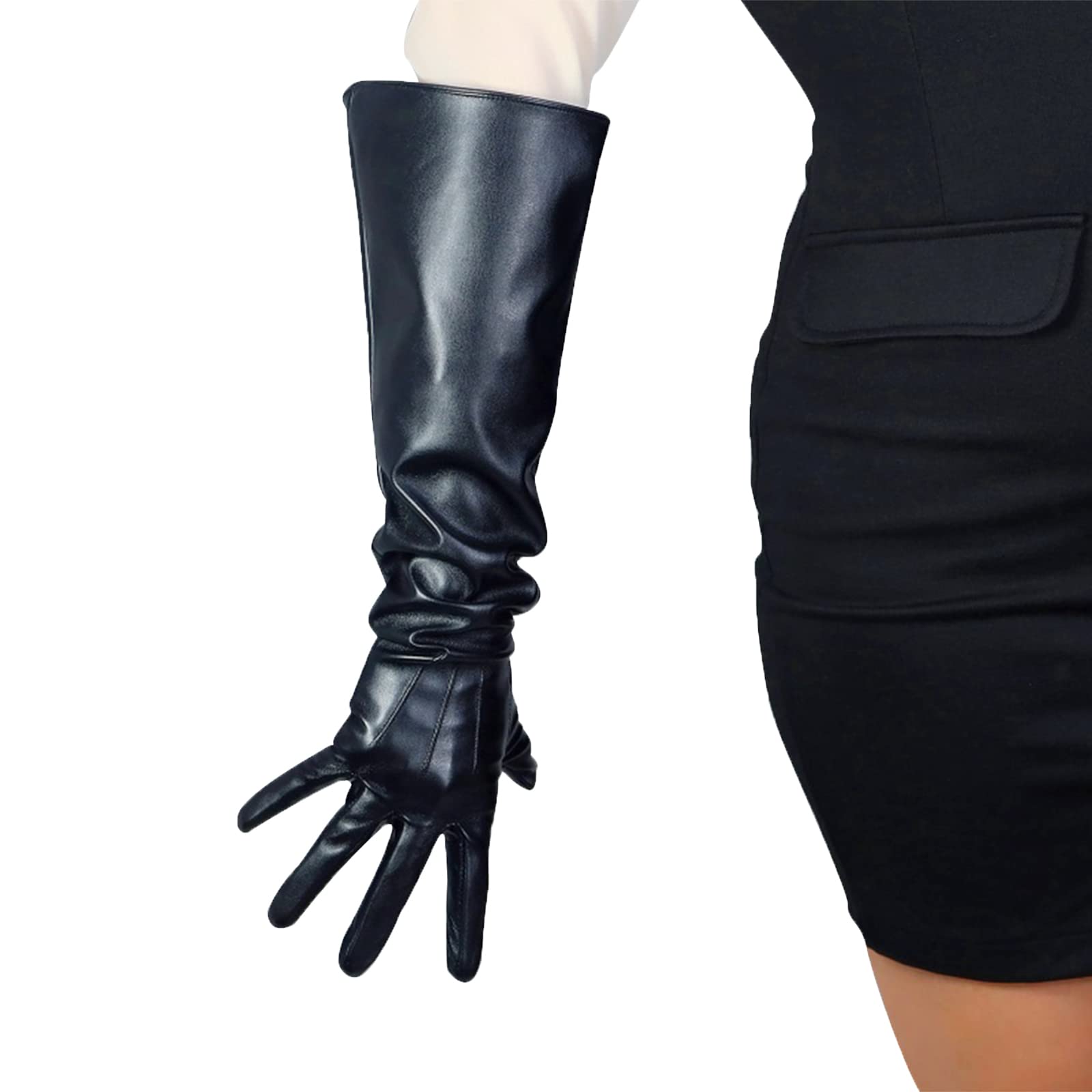 DooWay Damen Lange Lederhandschuhe Touchscreen Kunstleder Breite Stulpe Ärmel für Dressy Cosplay Party Schwarz 50 cm