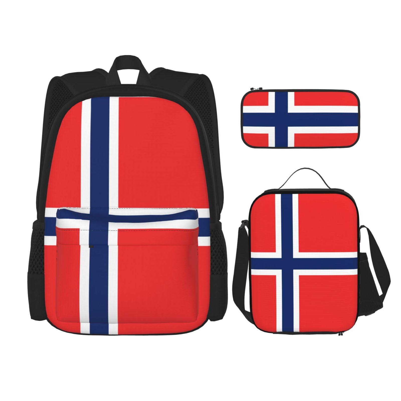 WURTON Rucksack mit norwegischer Flagge, verstellbare Schultergurte, Rucksack-Set, Lunch-Tasche, Federmäppchen, Kombinationstaschen-Set, Schwarz , Einheitsgröße