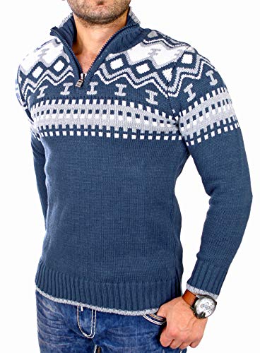 Reslad Herren Strickpullover Crewneck Zipper Norweger Pullover RS-3110 Blau M