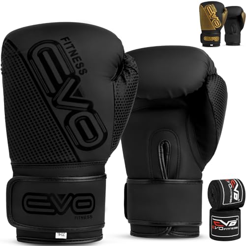 EVO Maya Hide Pro Gel-Boxhandschuhe aus Leder für MMA Boxsack, Sparring, Muay Thai, Kickboxen, Kampftraining, Handschuhe mit gratis Boxhandbandagen (Schwarz, 12 OZ)