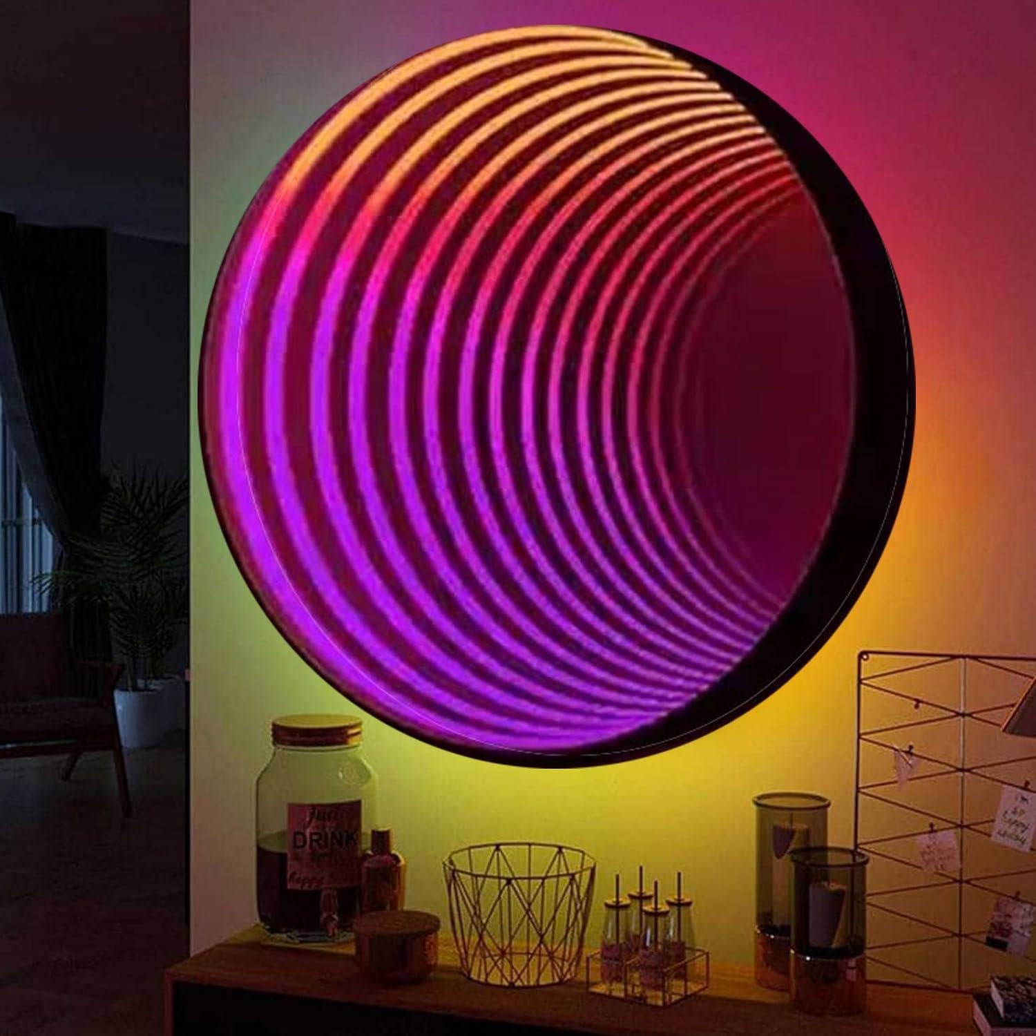 Qiang 3D-Farbwechsel-Tunnellicht,2-in-1-Spiegel-Tunnellicht,Ferngesteuerter LED-Infinity-Wandspiegelrahmen mit Mehrfarbigem Wechsellicht,für Wohnzimmer,Partybar zu Hause,Circle-30cm