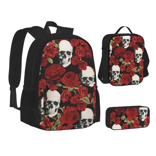 WURTON Büchertasche mit Rosen-Totenkopf-Druck, Lunch-Tasche, Federmäppchen, 3-in-1, Schulrucksack-Set, Kinderrucksack