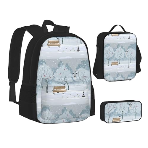 WURTON Rucksack mit Aufdruck "Birds In The Park On A Snowy Day", 3-in-1 Büchertasche und Federmäppchen, passende Kombination, Schwarz, Einheitsgröße