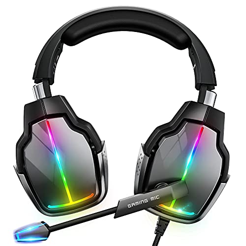 Gaming Headset mit Mikrofon, 90° Drehbare Ohrmuscheln und 4-Modus RGB Leuchten, PS4 Headset mit um 3D Surround Sound, Atmungsaktive Protein-Ohrenschützer, für PS4 PS5 Xbox One PC Switch Laptop