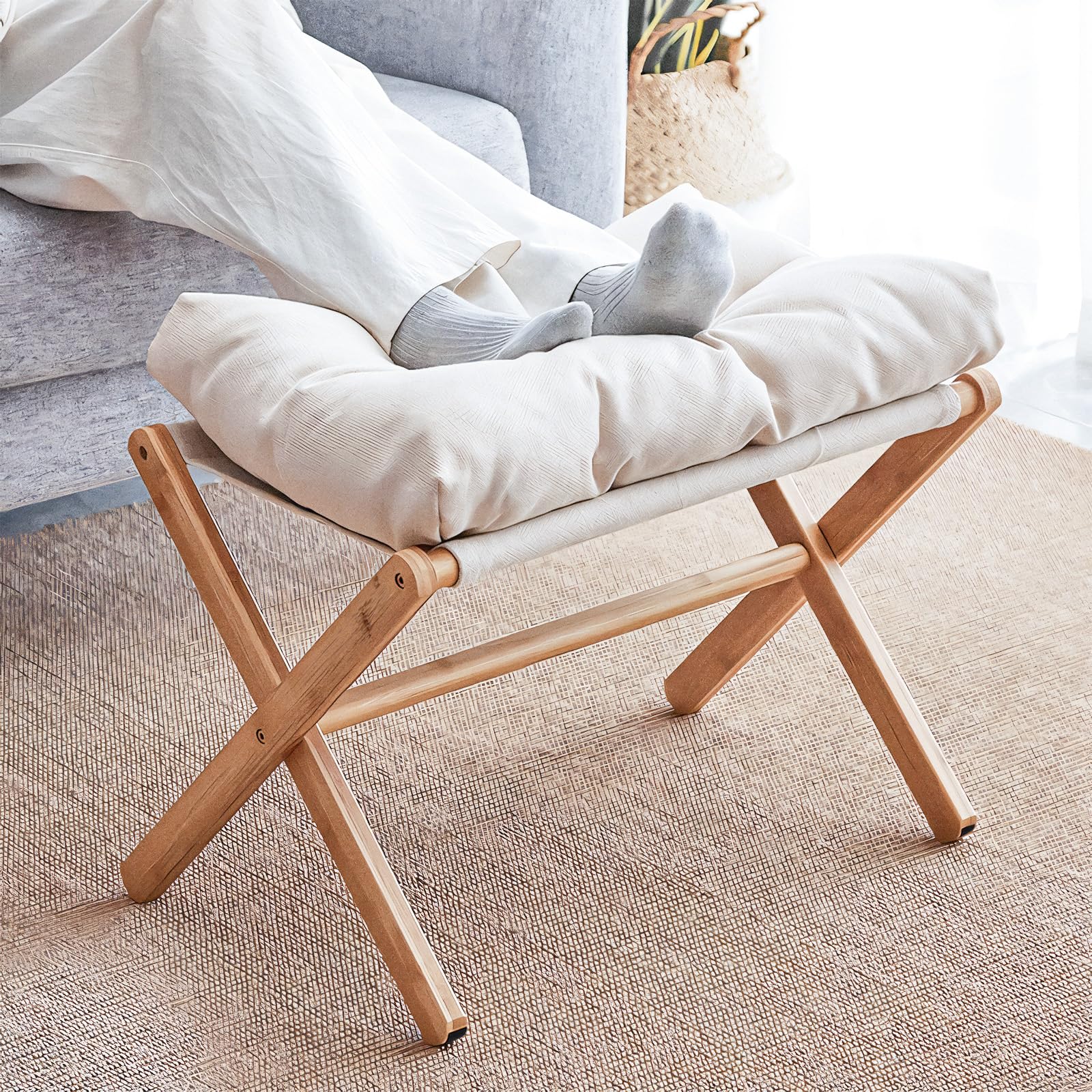 Nisorpa Faltbare Fußstütze für Sofa, Bambus Fußstütze Holz Schuhwickelhocker Klappbarer Holzfußhocker Tritthocker mit abnehmbarem Samtstoffkissen für Wohnzimmer