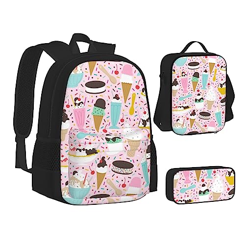 WURTON Süßes Eiscreme-Druck-Set für Teenager, 3-in-1 (Federmäppchen + Schultasche + Lunchtasche)