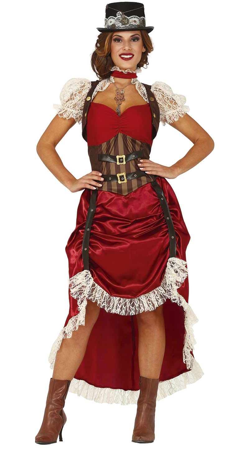 Fiestas GUiRCA Steampunk Kostüm Damen inkl. bordeaux Steampunk Kleid Damen aus Samt u. Spitze mit angenähter Weste - Größe S 36 – 38 - Steampunk Damen Kostüm Karneval, Fasching, Fastnacht, Cosplay