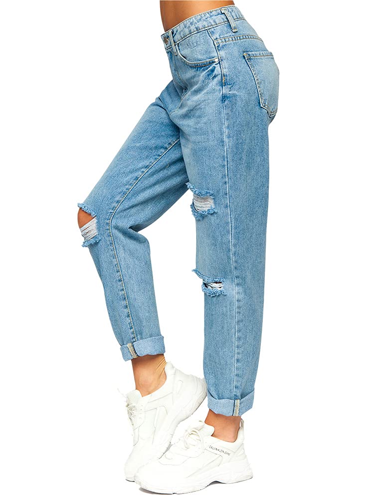 BOLF Damen Jeanshose High Waist Jeans Mom Jeanspants Sweatpants Used Look Denim DM321M Blau XS [F6F]