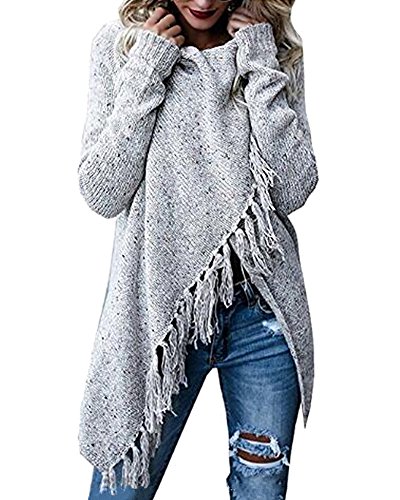 Shallgood Damen Winter Böhmen Quaste Capes Strickjacke Poncho Pullover Sweater Grau DE 44