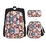 WURTON Weihnachtsmann Schneemann Druck Trendy Rucksack Taschen Lunchbox und Federmäppchen 3 in 1 Verstellbarer Rucksack Set, Schwarz, Einheitsgröße, Schwarz , Einheitsgröße