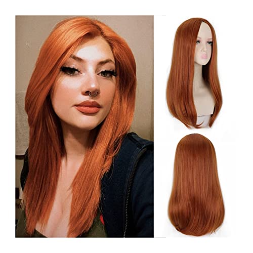 Perücken Lange orangefarbene Perücke for Frauen, orangefarbene Mittelteil-Perücke mit glattem Haar, natürliche hitzebeständige Kunstfaser-Perücke for den täglichen Party-Cosplay-Gebrauch Damenperücke