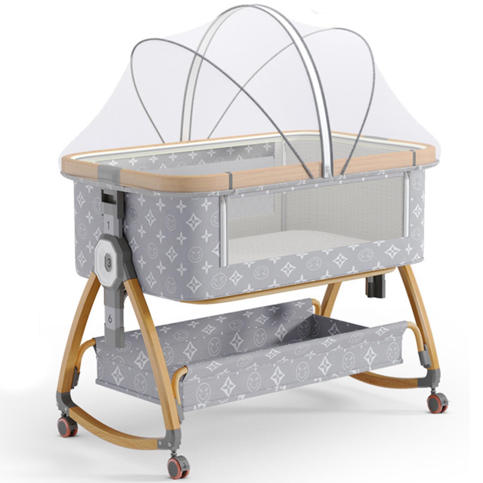 Gvqng 4-In-1-Tragbare Wiege, Babywiege, Beistellwiege FüR Babys, Beistellbett Mit RäDern, Moskitonetz Und Aufbewahrungskorb, 6-Fach HöHenverstellbar Schaukelwiege,E