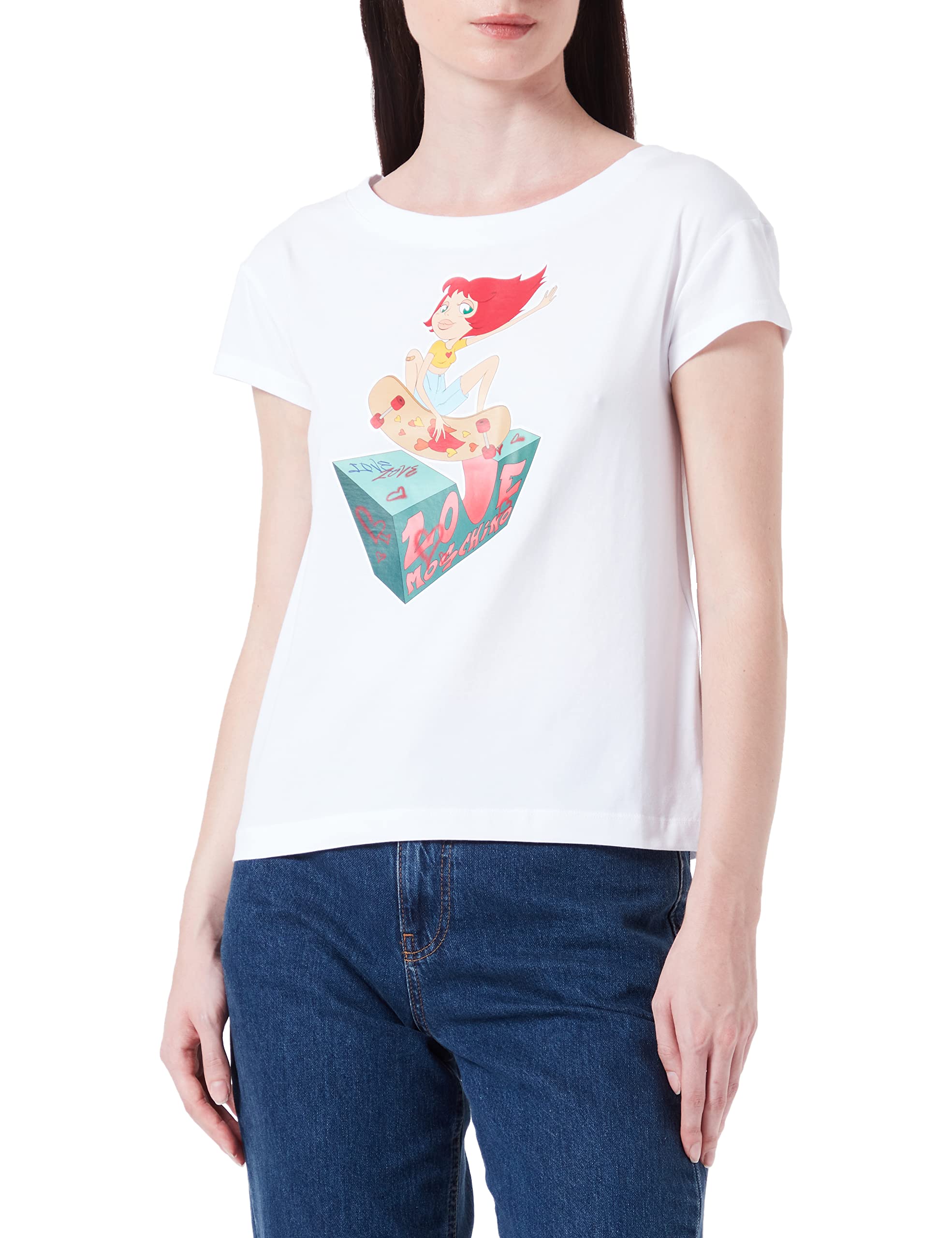 Love Moschino Damen Boxy Fit Short Sleeves With Skater Doll Print T Shirt, Optical White, 44 EU