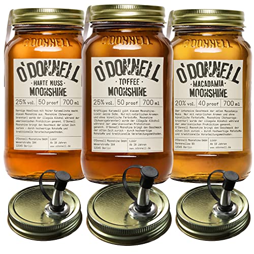 O'Donnell Moonshine Geschenkset | Geschenkbox | Premium Likör nach amerikanischer Tradition | 3 x 700ml | Natürliche Zutaten | Vegan | mit Ausgießer (Harte Nuss/Toffee/Macadamia)