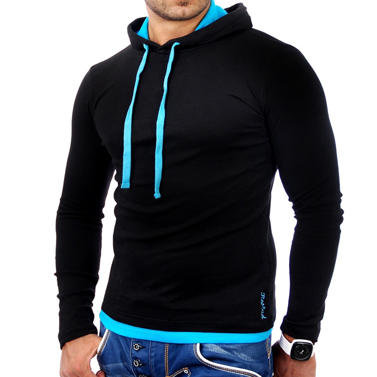 Reslad Herren Pullover Kapuzenpullover Sweatshirt Sweater Pulli Hoodie RS-1003 Schwarz-Türkis M