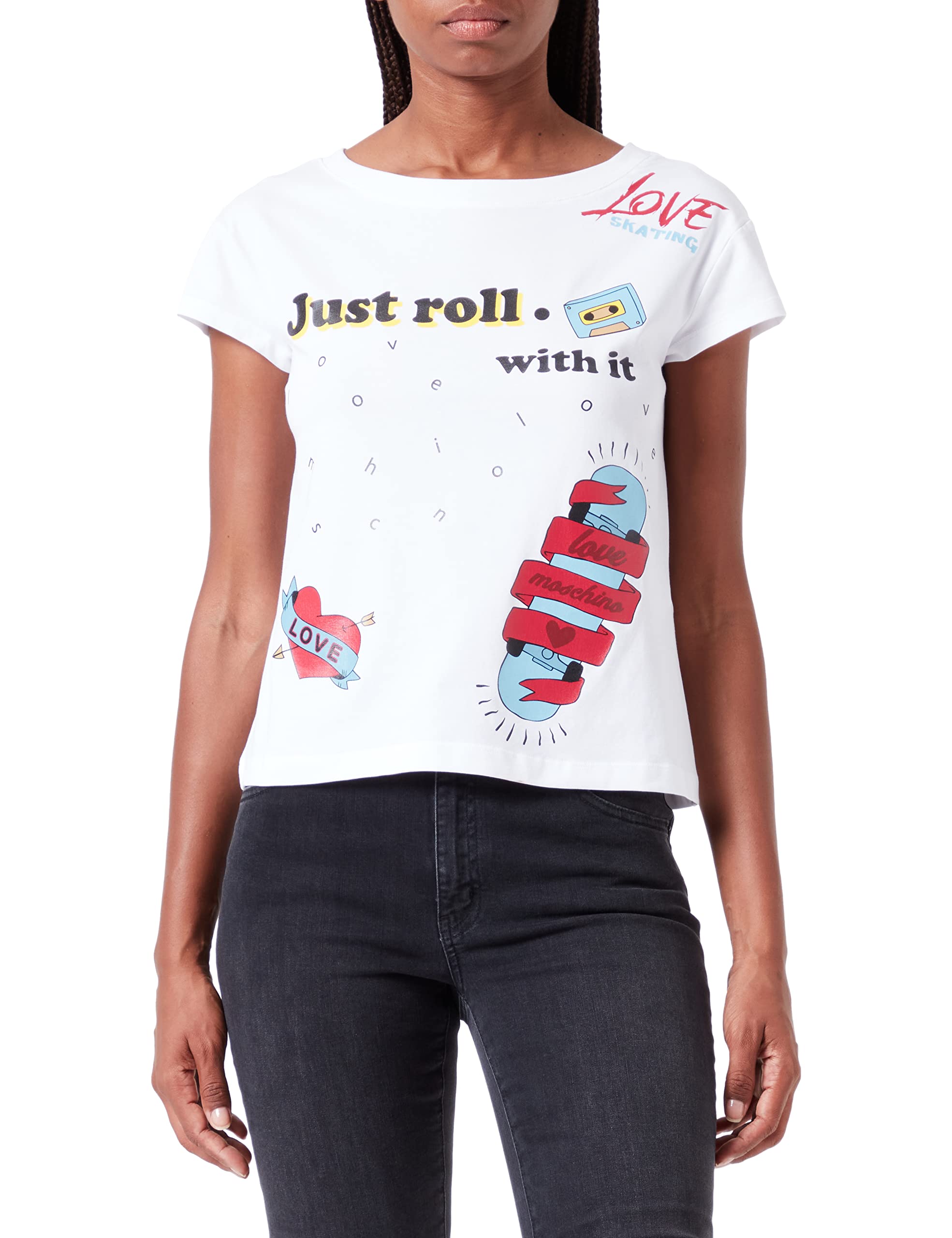 Love Moschino Damen Boxy Fit Short Sleeves With "Just Roll With It" Print T Shirt, Optical White, 40 EU