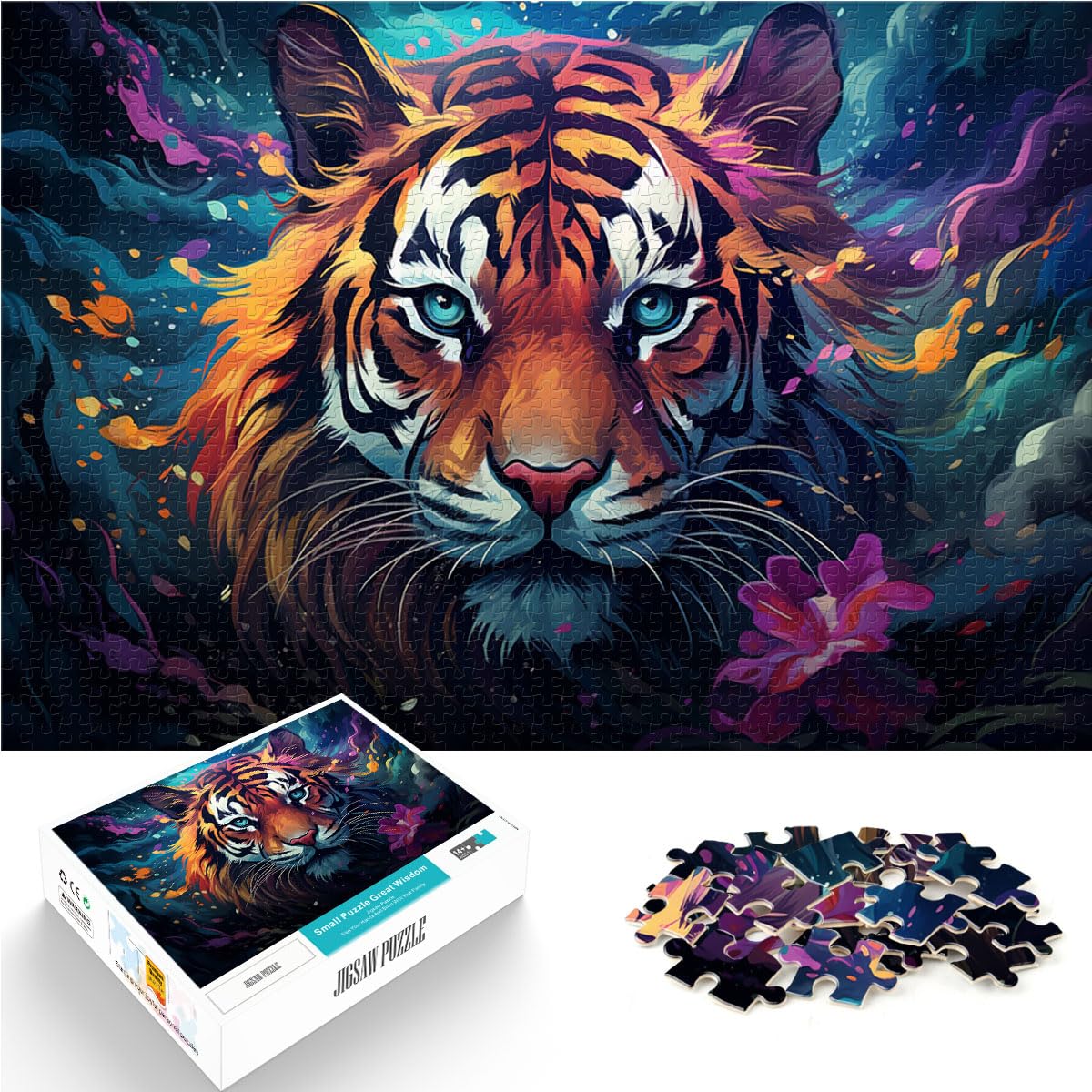 Puzzles Bunter, wütender Tiger, 1000 extragroße Teile, Holzpuzzle, jedes Teil ist einzigartig – anspruchsvolles, unterhaltsames Spiel für die ganze Familie, 1000 Teile (50 x 75 cm)