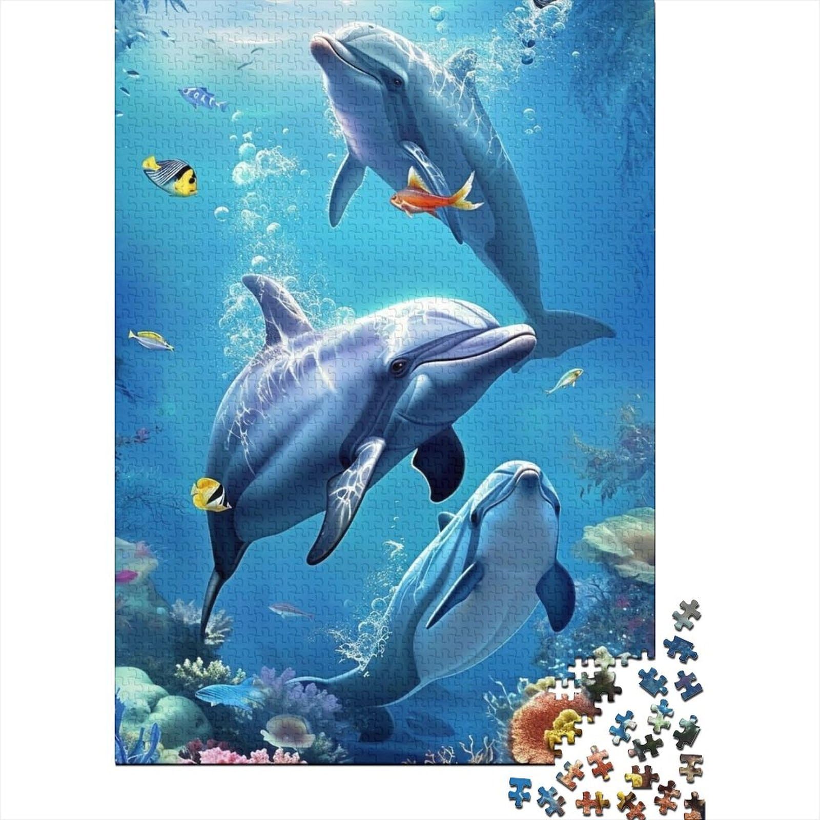 Bunte Delfine, Holzpuzzle für Erwachsene und Jugendliche von Adult Jigsaw Puzzles, 1000 Teile, Holzpuzzle für Erwachsene und Jugendliche 29,53x19,69 Zoll