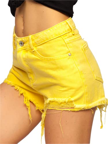 BOLF Damen Kurze Denim Shorts High Waist Zerrissenes Ripped Jeansshorts Bermuda Sommer Hotpants Distressed Freizeit Stretch Relaxed A63 Gelb XL [G7G]