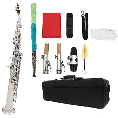 Gerade Bb Sopran Saxophon Messing Versilbert B Flache Sax Holzblasinstrument Mit Fall Schilf Handschuhe Zubehör Anfänger saxophon (Color : Silver)