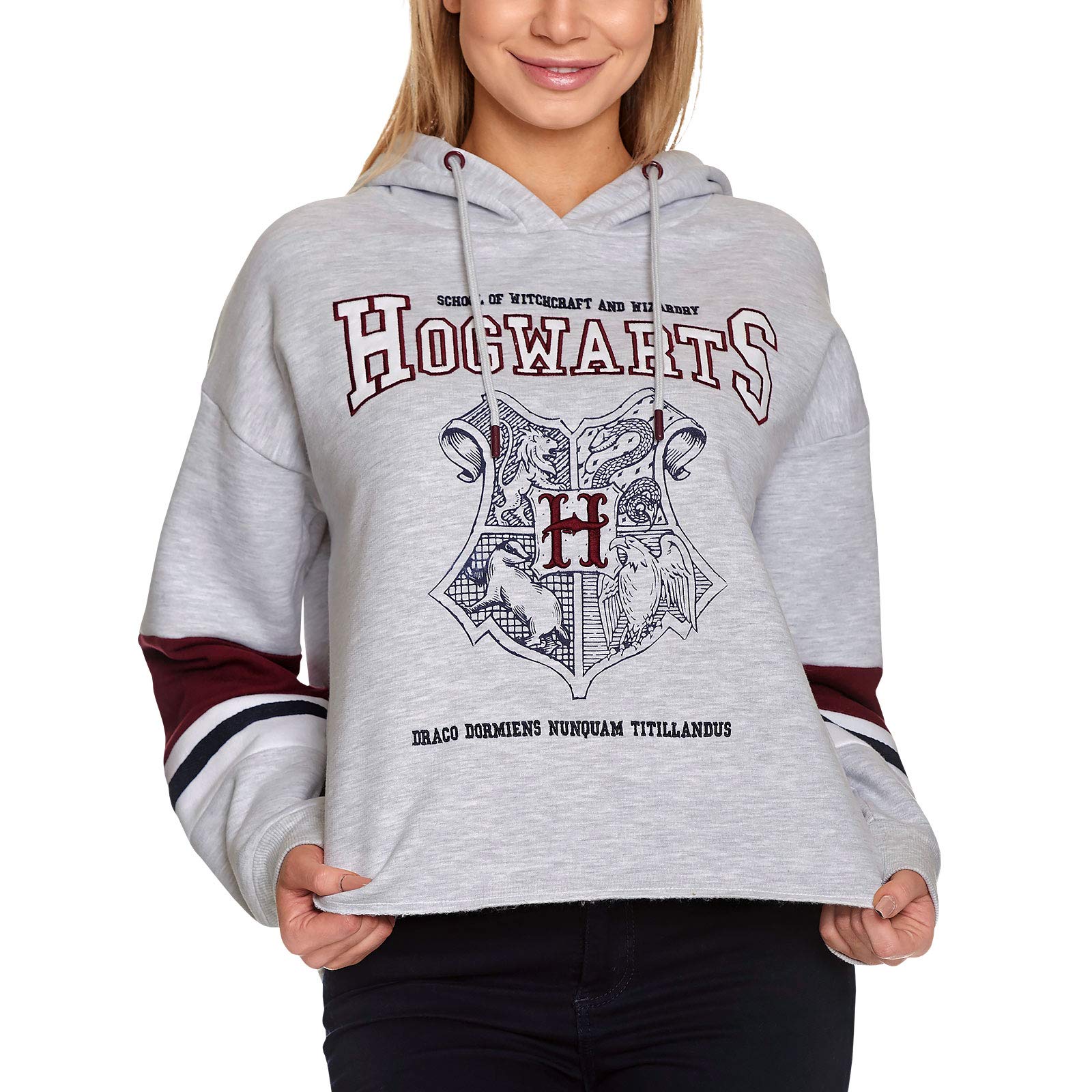 Harry Potter Damen Crop Hoodie Hogwarts School Wappen mit Kapuze grau - S