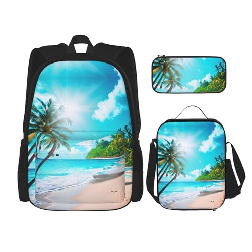 YQxwJL 3-in-1-Rucksack-Büchertaschen-Set, Strand-Seestern-Druck, lässiger Reiserucksack, mit Federmäppchen, Lunchtasche, Tropischer Ozean und Strand, Einheitsgröße