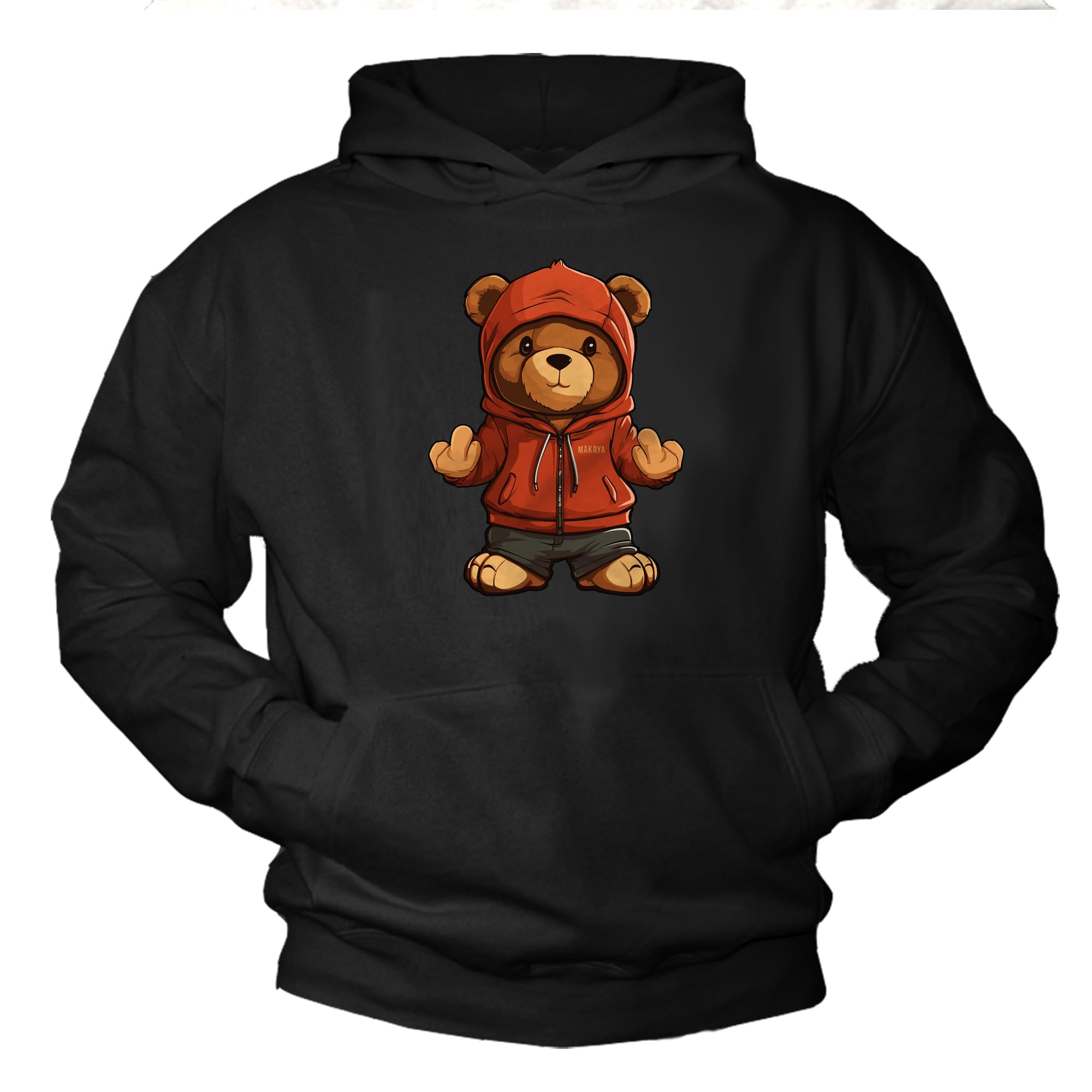 MAKAYA Hoodie mit Teddybär Motiv Pullover mit Teddy Bär Sweatshirt Kapuzenpullover Herren Damen Kinder Jungen Mädchen Schwarz XXL