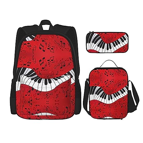 WURTON 3-in-1-Set mit Musiknoten-Klavierdruck, lässig, verstellbarer Schulter-Rucksack, Lunch-Tasche, Federmäppchen, Beutel, Schwarz, Einheitsgröße