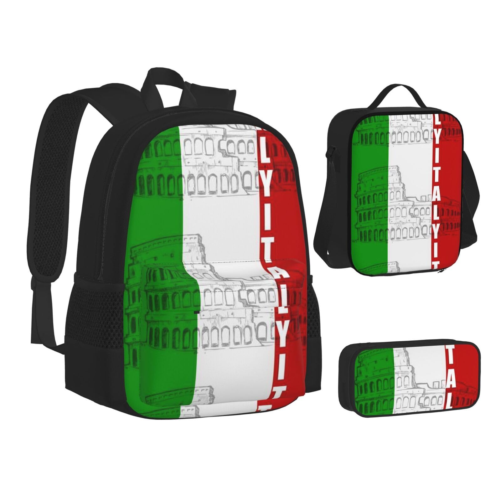 WURTON Büchertasche mit mexikanischem Otomi-Tierdruck, Lunch-Tasche, Federmäppchen, 3-in-1, Schulrucksack-Set, Kinderrucksack, Römisches Kolosseum Italienische Flagge, Einheitsgröße