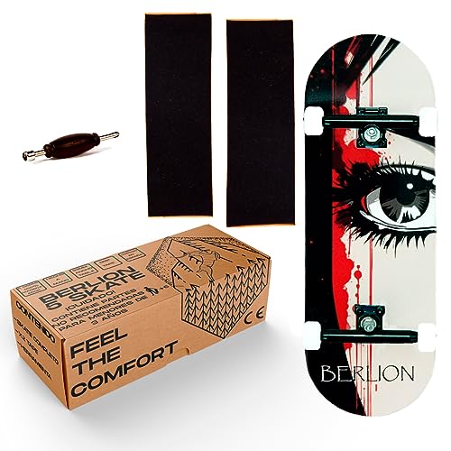 BERLION - Professionelles Fingerskate aus Holz Pro, Mini-Skateboard, Fingerboard klein, Schleifpapier und Räder, Finger Toys Anti-Stress Marke Red Black)