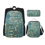 WURTON Trendige Rucksacktaschen mit Mandelblüten-Druck, Lunchbox und Federmäppchen, 3-in-1, verstellbares Rucksack-Set, Schwarz , Einheitsgröße