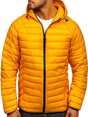 BOLF Herren Übergangsjacke Steppjacke mit Kapuze Daunenjacke Reißverschluss Sportjacke Zip Wärme Freizeit Outdoor Basic Casual Style J.Style 13021 Gelb L [4D4]