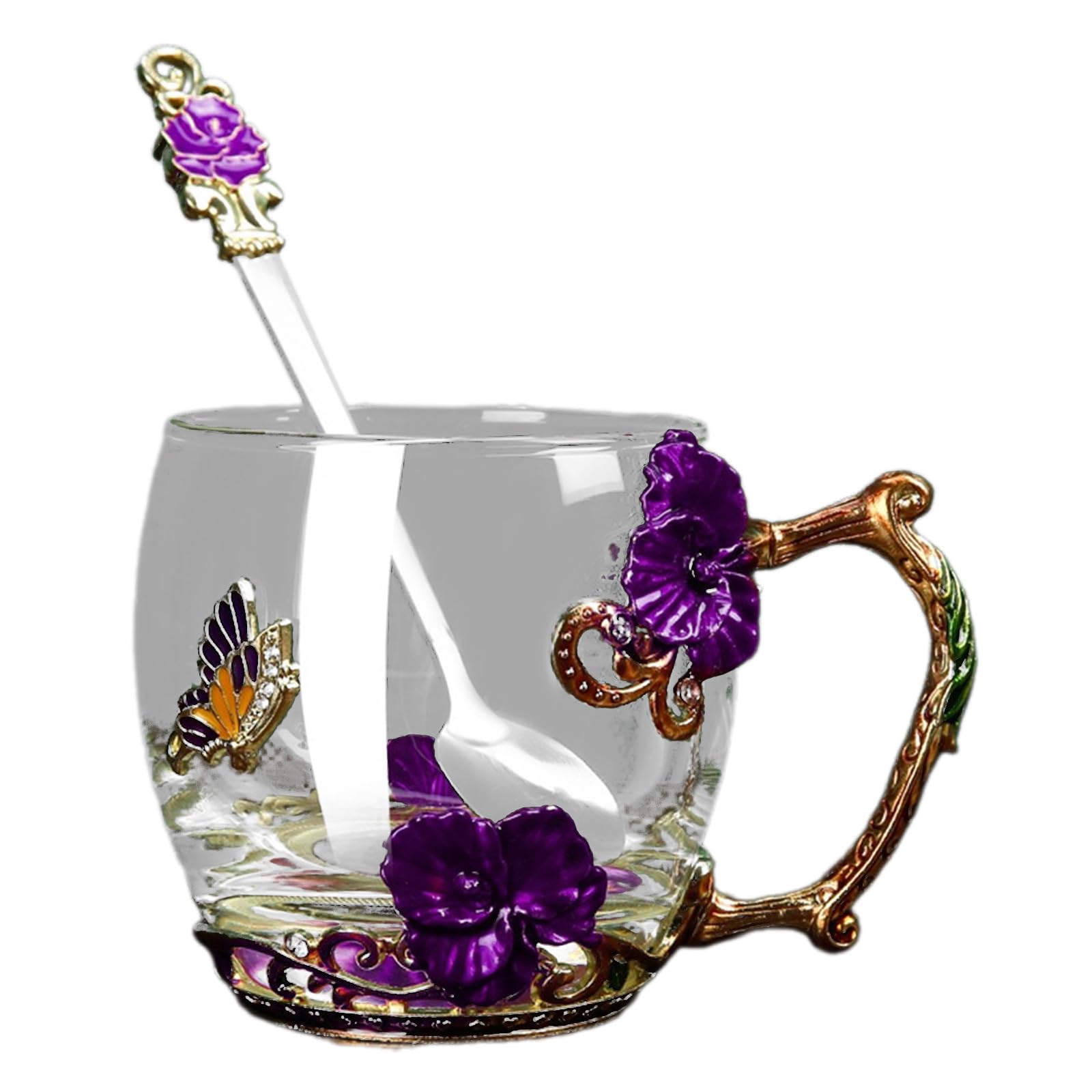 Praktisches Glas Emaille Becher Geschenkset Schmetterlinge Emaillierte Glasbecher Blumen Verzierter Glas Wasserbecher Mit Löffel