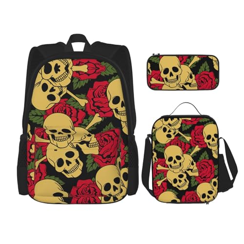 WURTON Rucksack mit Rosen- und Totenkopf-Aufdruck, 3-in-1-Büchertaschen-Set, Lunchbox, Federmäppchen, Reise-Laptop-Tagesrucksäcke, Schwarz , Einheitsgröße