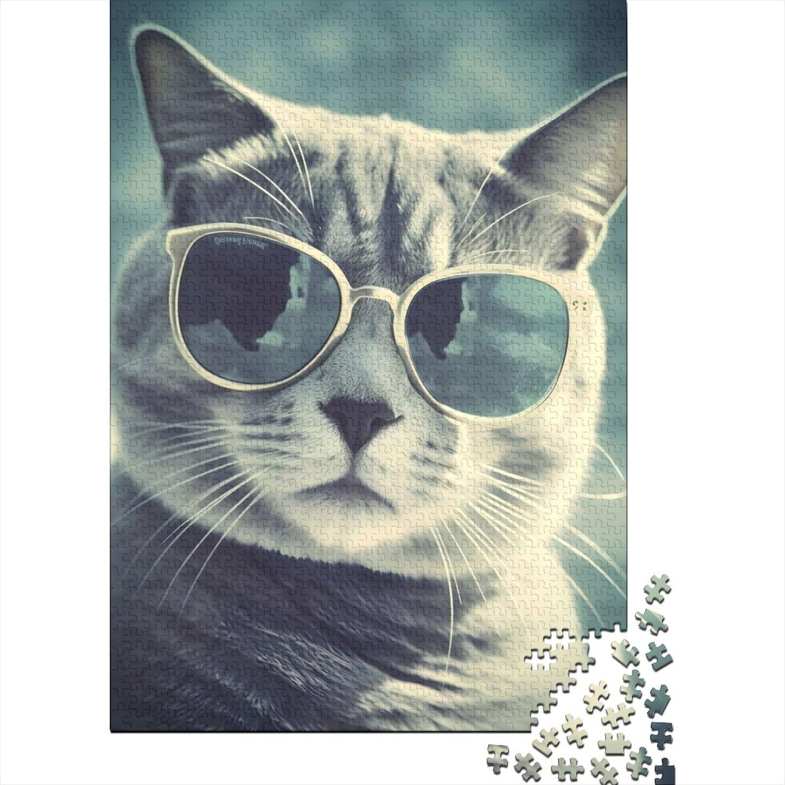 Puzzle Coole Katze mit Sonnenbrille, 1000 Teile für Erwachsene, Holzpuzzle, Puzzle für Erwachsene, Lernspiel, Herausforderungsspielzeug (Größe: 75 x 50 cm)