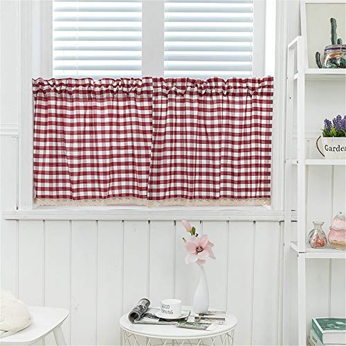 Nicole Knupfer 2PCs Scheibengardine mit Schlaufen Voile Bistrogardinen Vintage Kaffee Vorhang Spitze Gardine Küche Kurzstore Transparente Bistrogardine für Küche (rot,130 * 41)