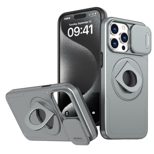 SUREKYA Magnetische Schutzhülle für iPhone 15 Pro Max/15 Plus/15 Pro/15, Schiebe-Kamera-Objektivabdeckung, unsichtbarer, robuster Ständer, unterstützt kabelloses Laden (15 Pro Max, Grau)