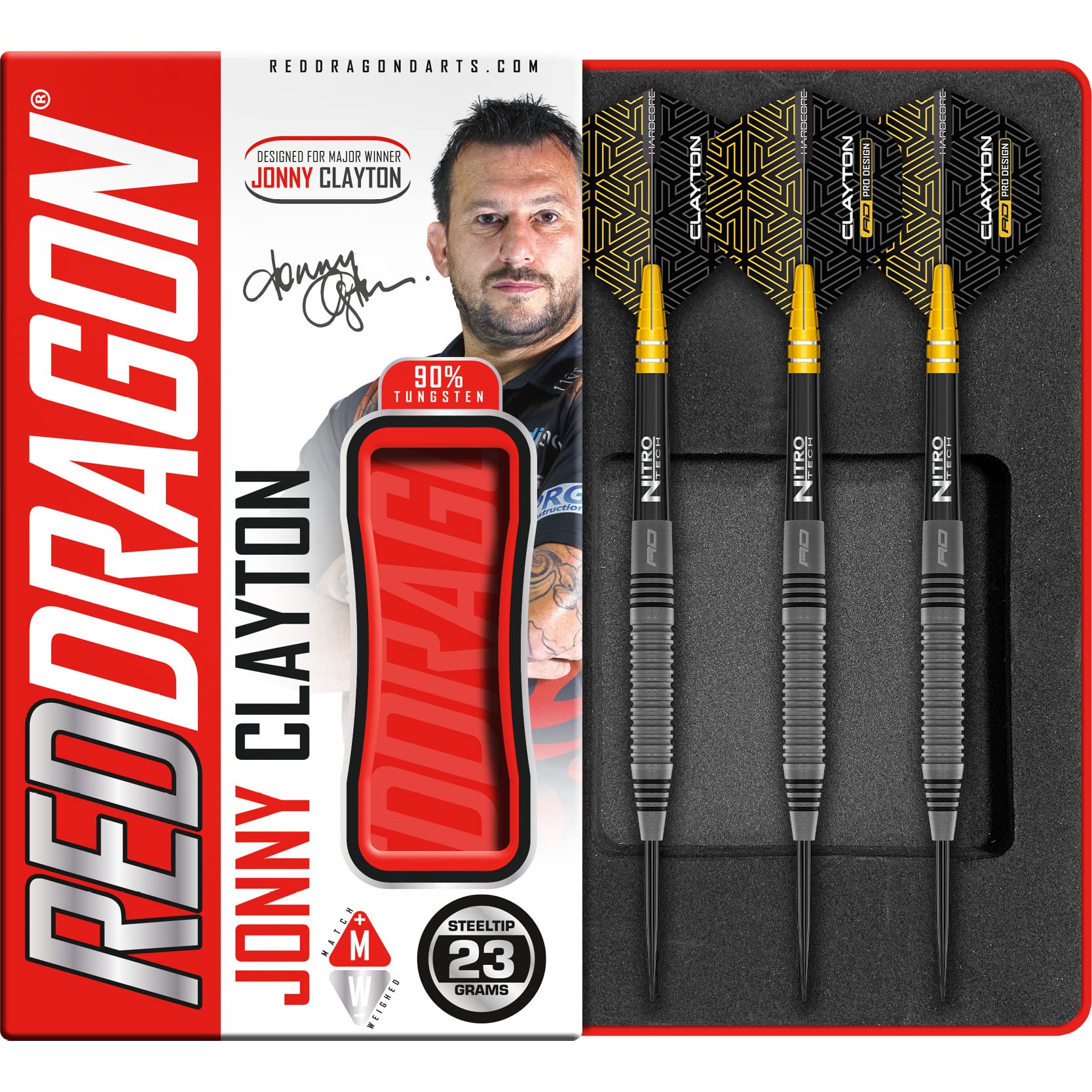 RED DRAGON Jonny Clayton Oxide Auflage 23 Gramm Premium Tungsten Darts Set mit Flights und Stielen