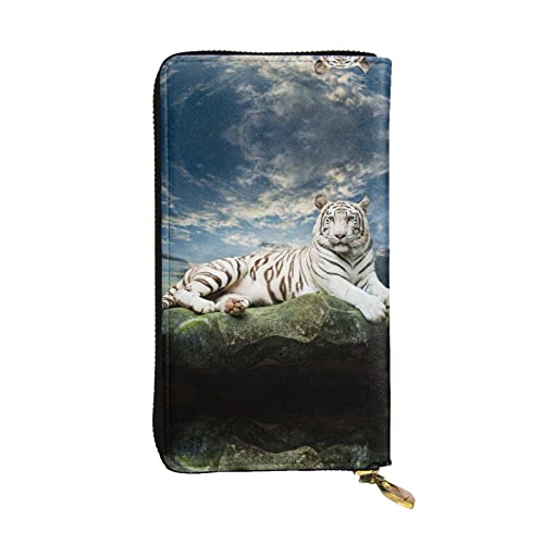 DMORJ Majestic Tiger Resting On A Rock With Cloudy Sky Leather Long Clutch Wallet : 19 x 10 cm Comfortable Lightweight Waterproof Durable Nice Gift, Black, One Size, Schwarz , Einheitsgröße