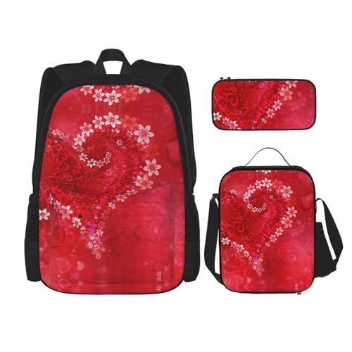 WURTON Lunchbox, Federmäppchen, Rucksack, 3-teilig, verstellbare Riemen, langlebig, leicht, zum Valentinstag, rotes Herz und Blumendruck, Schwarz, One Size