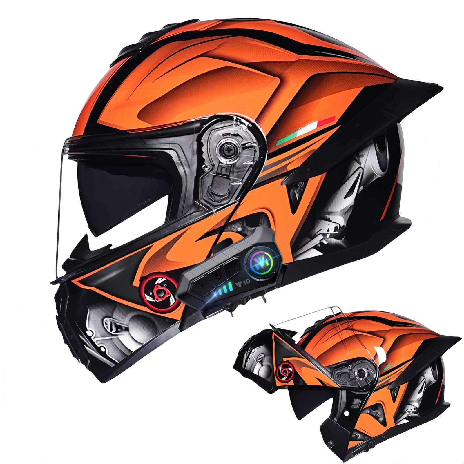 Bluetooth-Modularer Motorradhelm, ECE-Geprüfter Hochklappbarer Integralhelm, Straßenrad-Rennhelm, Mit Doppelvisier, Für Erwachsene, Männer, Frauen V,XXL63-64CM