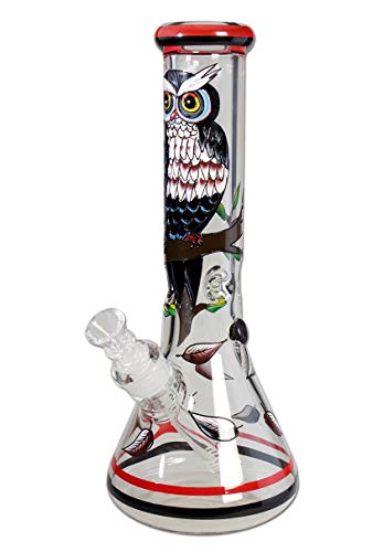 Black Leaf Kolbenbong Night Owl handbemalt | Ice Bong mit Diffusorschlitzadapter | Wasserpfeife 18,8 Schliff | 14er Kopf mit Kickloch & Stopfen | Höhe 32cm | Ø 51 mm