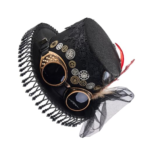 RKJRTK Steampunks Zylinderhut, Unisex, Vlies, viktorianischer Hut mit Brille, Unisex, Kostüm-Hut, coole Hippie-Hut, Halloween-Kopfbedeckung, Kostüm-Hut für Halloween