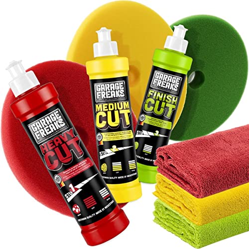 Garage Freaks Autopolitur Set Heavy Cut Politur 250ml + Medium Cut Politur 250ml + Finish Cut Politur 250ml + 3 passende Foam Pads + 3 Mikrofasertücher 40x40cm, 550GSM